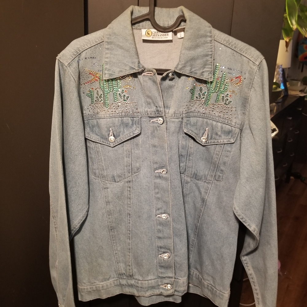VTG 90s Christine Alexander Crystal Rhinestone Denim Jacket Size Small Western